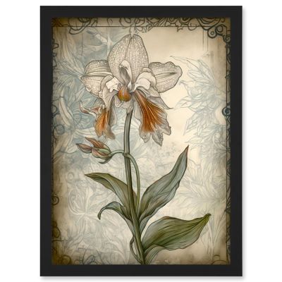Artery8 Single Orchid Flower Pastel Colour Art Nouveau Artwork Framed Wall Art Print A4