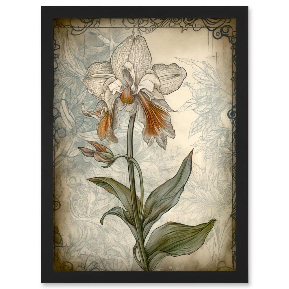 Artery8 Single Orchid Flower Pastel Colour Art Nouveau Artwork Framed Wall Art Print A4