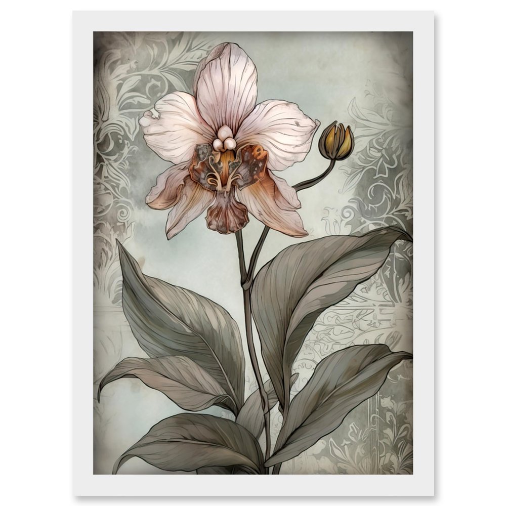Artery8 Art Nouveau Pink Orchid Bloom Flower Watercolour Artwork Framed Wall Art Print A4