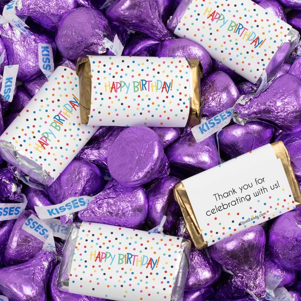 124 Pcs Birthday Candy Party Favors Miniatures Chocolate & Purple Kisses (1.52 lbs) - Colorful Dots