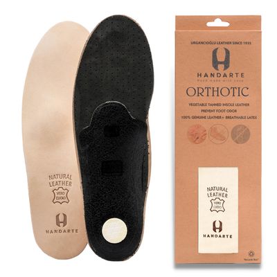 HANDARTE Leather Orthotic Insoles for Men | Arch Support Inserts for Flat Feet, Plantar Fasciitis & Overpronation | 100% Natural Goatskin - Chrome-Free, Anti-Sweat & Anti-Odor (US M10 | EU44)