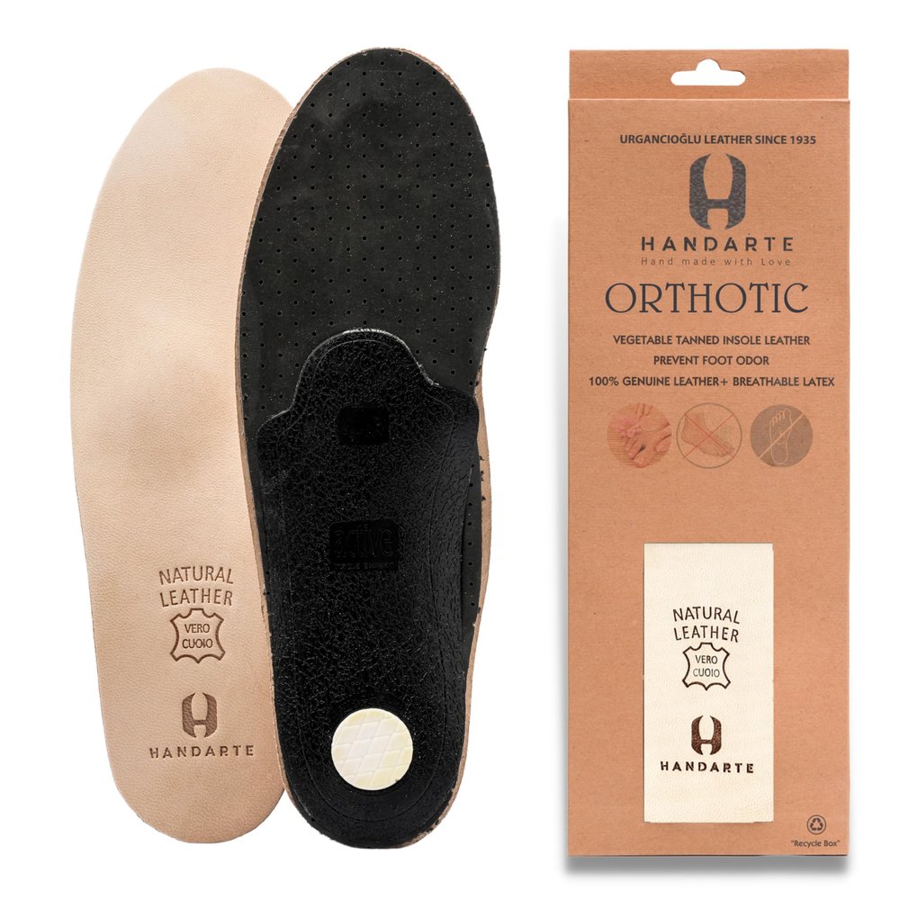 HANDARTE Leather Orthotic Insoles for Men | Arch Support Inserts for Flat Feet, Plantar Fasciitis & Overpronation | 100% Natural Goatskin - Chrome-Free, Anti-Sweat & Anti-Odor (US M10 | EU44)