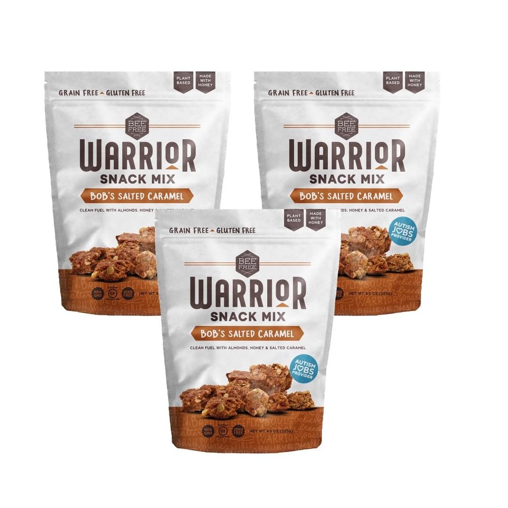 BeeFree Warrior Mix Gluten Free Granola - Chunky Granola Bites | Paleo, Low Carb, Grain Free, Preservative Free, Oat Free | Low Calorie Snacks | Bob's Salted Caramel 9 ounce bags, 3 pack