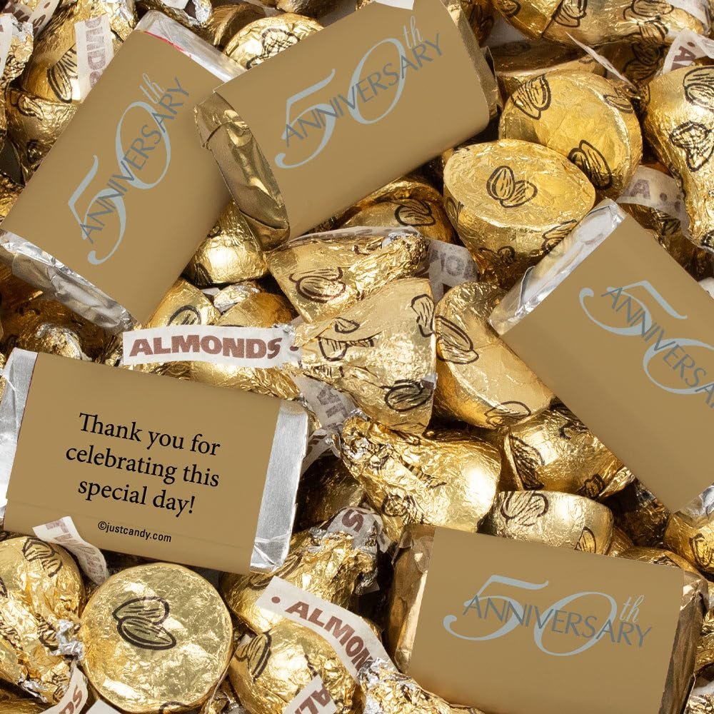 124 Pcs 50th Anniversary Candy Party Favors Miniatures Chocolate & Gold Almond Kisses (1.52 lbs) for Golden Anniversary Giveaways, Decorations & Candy Buffets