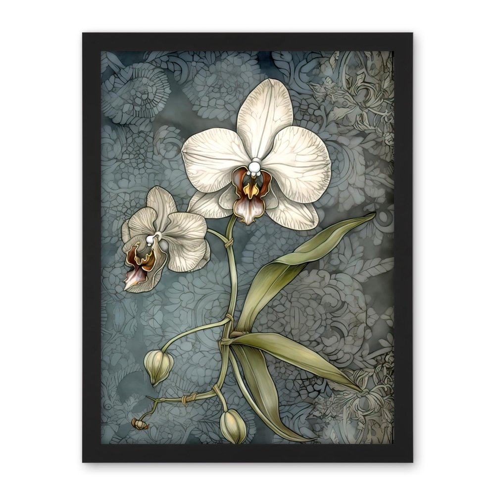 Artery8 Orchid Flower Blooms Pastel Colour Art Nouveau Artwork Framed Wall Art Print 18X24 Inch