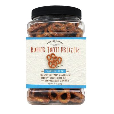 Everton Vanilla Bean Butter Toffee Pretzels: Made in small batches for that Rich Small Batch Butter Toffee Confection. 15oz Gourmet Grab Jar