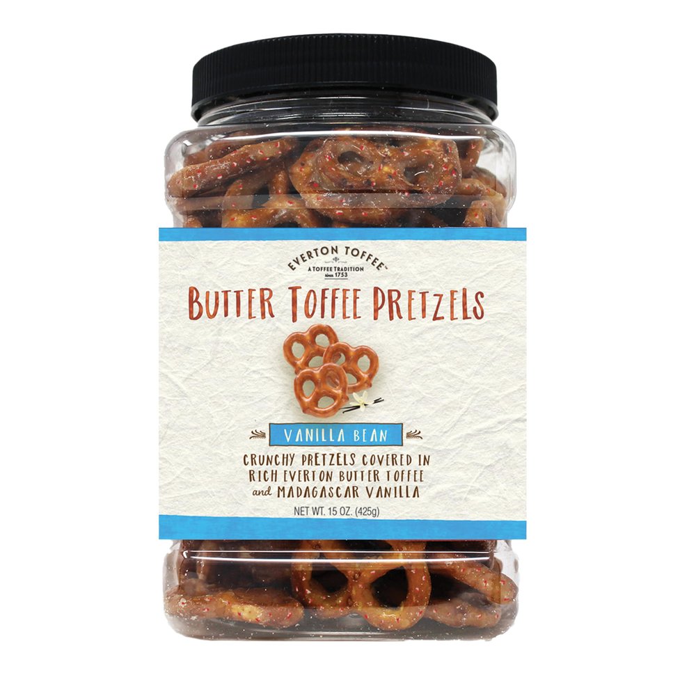 Everton Vanilla Bean Butter Toffee Pretzels: Made in small batches for that Rich Small Batch Butter Toffee Confection. 15oz Gourmet Grab Jar