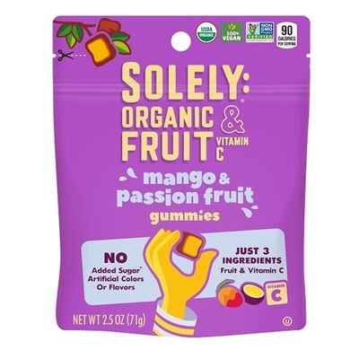 Solely Organic Fruit Gummies, Mango & Passionfruit, Fruit & Vitamin C, No Artificial Colors or Flavors, No Added Sugar, Vegan Friendly, Kosher, USDA Certified Organic, Non-GMO, 2.5 Ounce (Pack of 12)