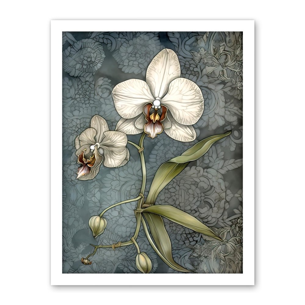 Artery8 Orchid Flower Blooms Pastel Colour Art Nouveau Artwork Framed Wall Art Print 18X24 Inch