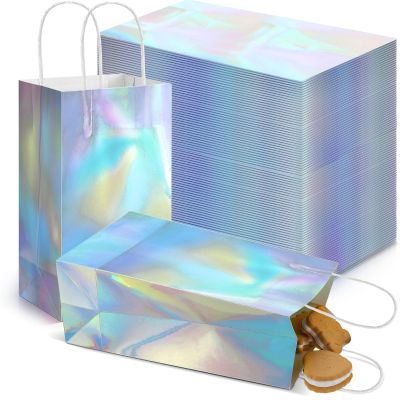 60 Pcs Iridescent Gift Bags Bulk Holographic Party Favor Bag with Handle 8.3 x 5 x 3.2 in Glossy Paper Candy Goodie Flower Handbag for Kpop Disco Wedding Bridal Birthday Graduation Party Supplies