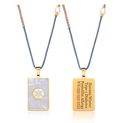 BAIYI HOPE Personalized Medical Alert ID Necklace Rectangle Gold-Tone Stainless Steel Emergency Identification Pendant Necklace for Women and Men/Free Engraving