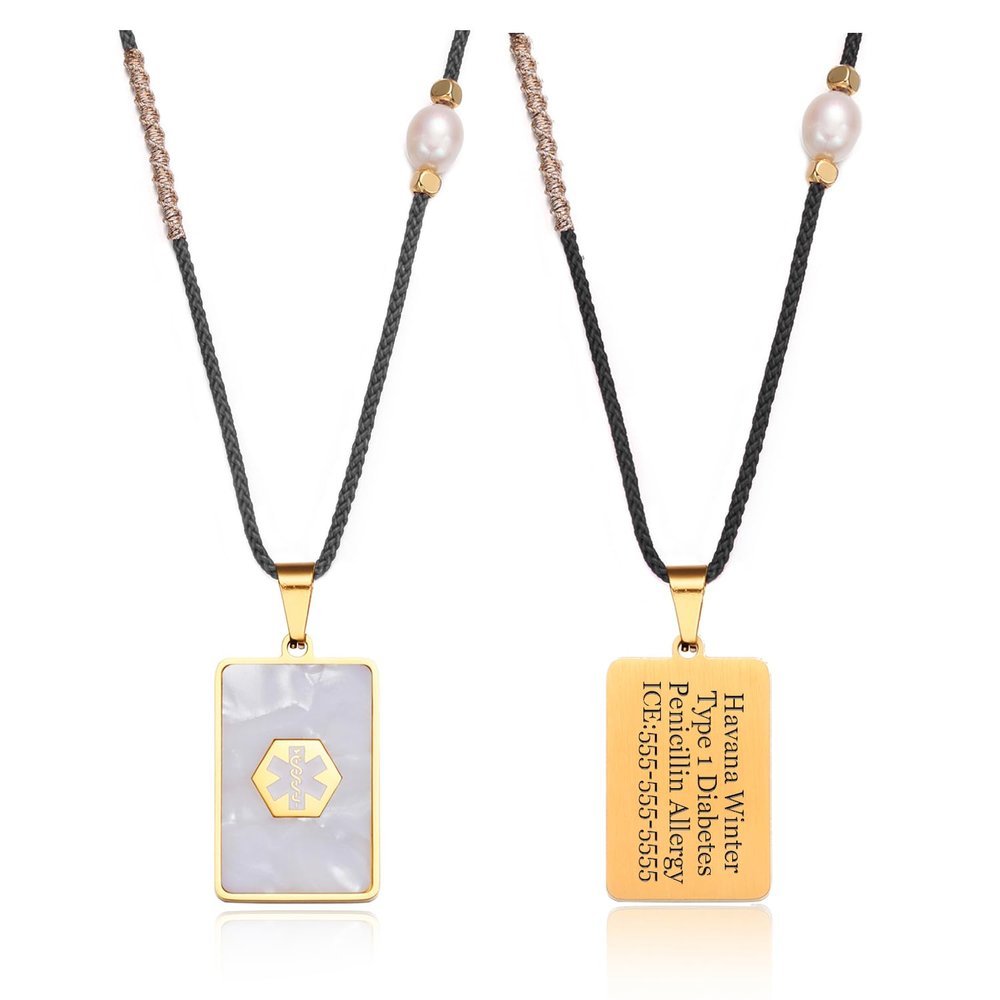 BAIYI HOPE Personalized Rectangular Medical Alert ID Necklace for Men Women, Gold-Tone Medic Emergency Pendant, Custom Engraved Blood Thinners Heart Conditions Name ID Tags