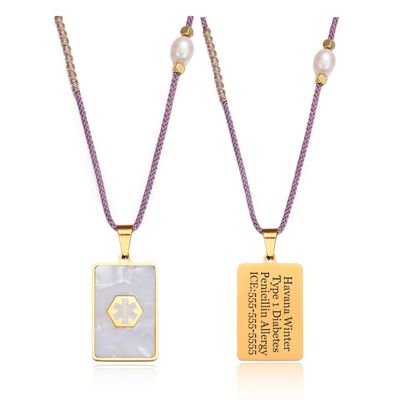 BAIYI HOPE Free Engraving Medical Alert ID Necklace for Women Gold Tone Stainless Steel Asthma Identification Tag Pendant with Braided Rope 18-26in Adjustable