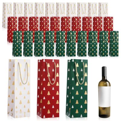 Woanger 60 Pieces Christmas Wine Gift Bags Bulk Kraft Paper Wine Bottle Bags with Handle Red Green White Gift Totes with Gold Polka Dots Christmas Tree for Whiskey Spirits Drinks(Tree)