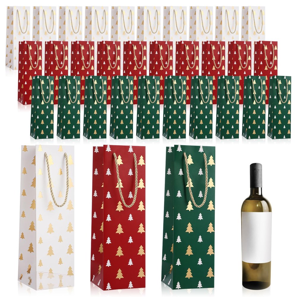 Woanger 60 Pieces Christmas Wine Gift Bags Bulk Kraft Paper Wine Bottle Bags with Handle Red Green White Gift Totes with Gold Polka Dots Christmas Tree for Whiskey Spirits Drinks(Tree)
