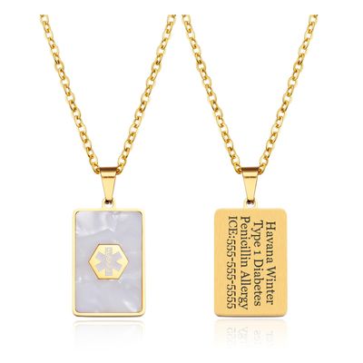 BAIYI HOPE Medical Alert ID Necklace for Women Gold-Tone Stainless Steel Rectangular Dog Tag Emergency Pendant Chain 20" (Free Engraving)