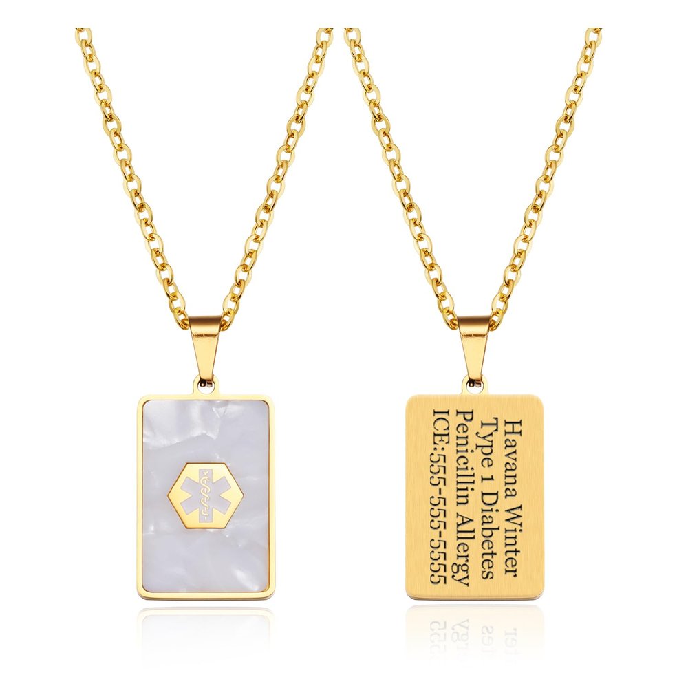 BAIYI HOPE Medical Alert ID Necklace for Women Gold-Tone Stainless Steel Rectangular Dog Tag Emergency Pendant Chain 20" (Free Engraving)