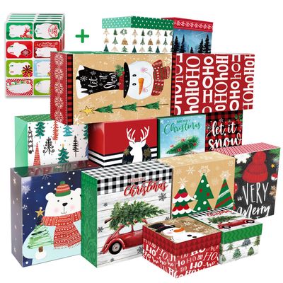 16 decorative Christmas Gift Wrap Boxes Bulk with Lids for Wrapping Extra Large Clothes and 80 Christmas Stickers(Assorted size for Shirts, Robes, Coats, Sweaters, clothing and xmas Holiday Present)