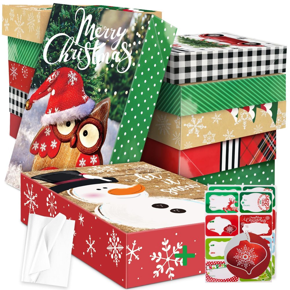 12 Extra Large Christmas Gift Wrap Boxes Bulk with Lids, 12 Tissue paper and 80 Foil Christmas Stickers for Wrapping Oversized Clothes (Robes, Sweater, Coat, Shirts) and Xmas Holiday Present