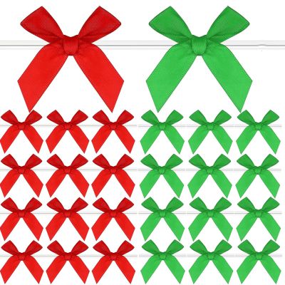 200 Pieces Mini Twist Tie Bows Satin Ribbon DIY Twist Bow Crafts Gift Wrapping Bows for Candy Bags, Christmas, Wedding, Party Present Decoration (Red, Green)