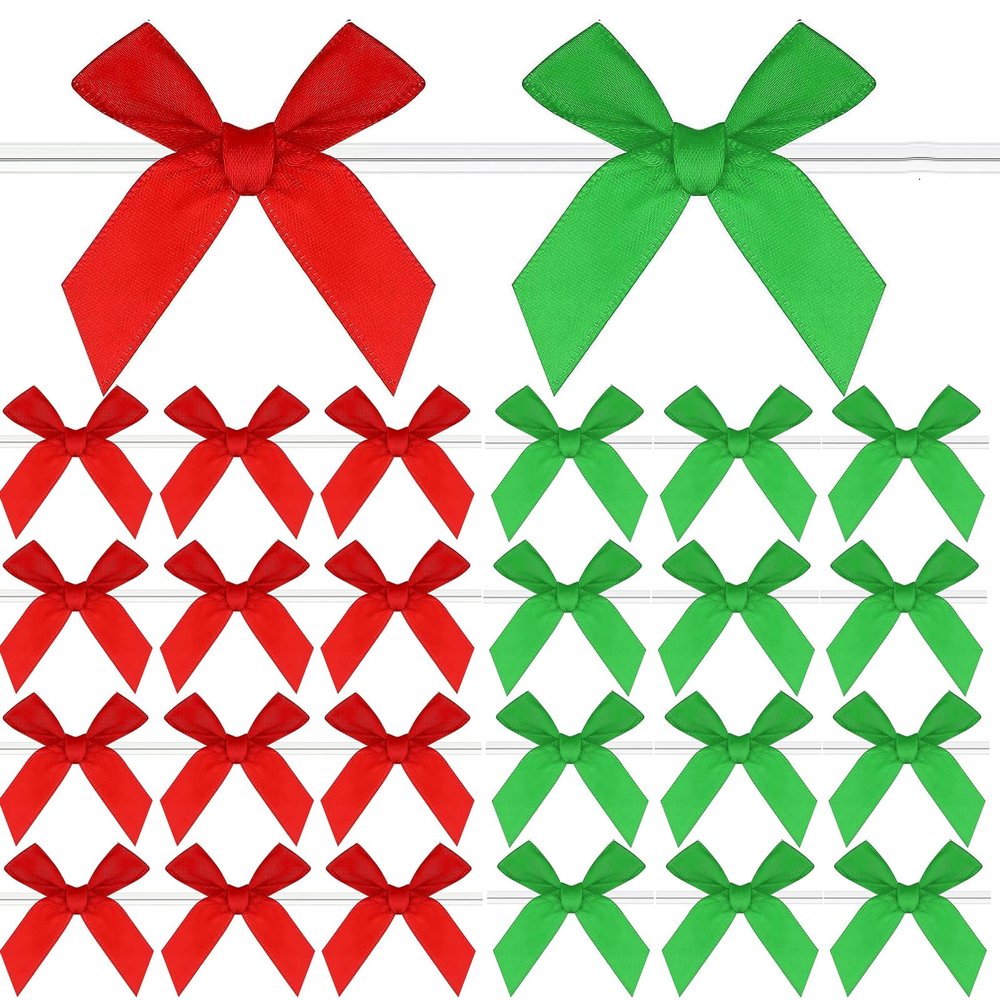 200 Pieces Mini Twist Tie Bows Satin Ribbon DIY Twist Bow Crafts Gift Wrapping Bows for Candy Bags, Christmas, Wedding, Party Present Decoration (Red, Green)