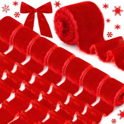 24 Yards Christmas Velvet Wrapping Ribbon, 8 Roll Silk Frayed Handmade Velvet Ribbon for Wedding Bouquet Invitation Christmas Wreaths Decor Gift Wrapping Cards DIY (Red,2 Inch)