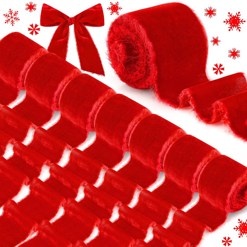 24 Yards Christmas Velvet Wrapping Ribbon, 8 Roll Silk Frayed Handmade Velvet Ribbon for Wedding Bouquet Invitation Christmas Wreaths Decor Gift Wrapping Cards DIY (Red,2 Inch)