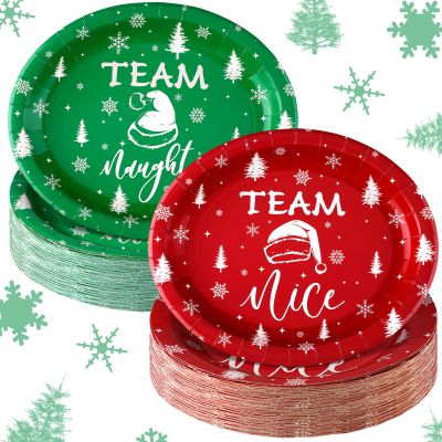 100 Pcs Christmas Paper Plates Party Decorations Team Naughty or Nice Disposable Oval Plates 10'' x 12'' Christmas Dinner Gifts Bulk Disposable Set for Holiday Party