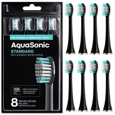 AquaSonic Genuine Standard Replacement Brush Heads | ADA Accepted | for Normal & Sensitive Teeth | Compatible with Many AquaSonic Toothbrush Handles (8 Pack Black)