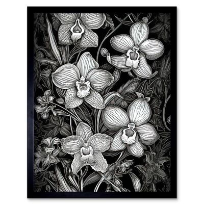Artery8 White on Black Blooming Orchid Flower Plants Artwork Framed Wall Art Print 9X7 Inch