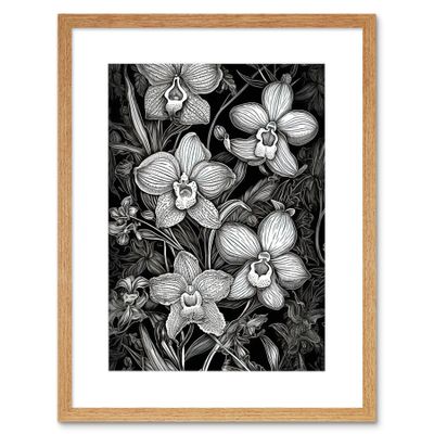 Artery8 White on Black Blooming Orchid Flower Plants Artwork Framed Wall Art Print 9X7 Inch