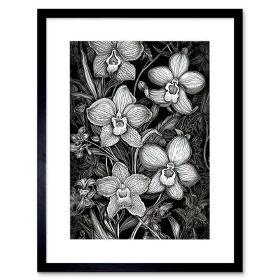 Artery8 White on Black Blooming Orchid Flower Plants Artwork Framed Wall Art Print 9X7 Inch