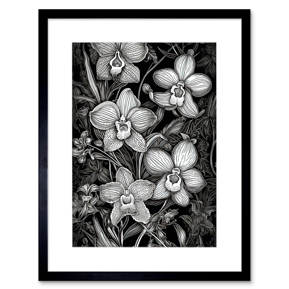Artery8 White on Black Blooming Orchid Flower Plants Artwork Framed Wall Art Print 9X7 Inch