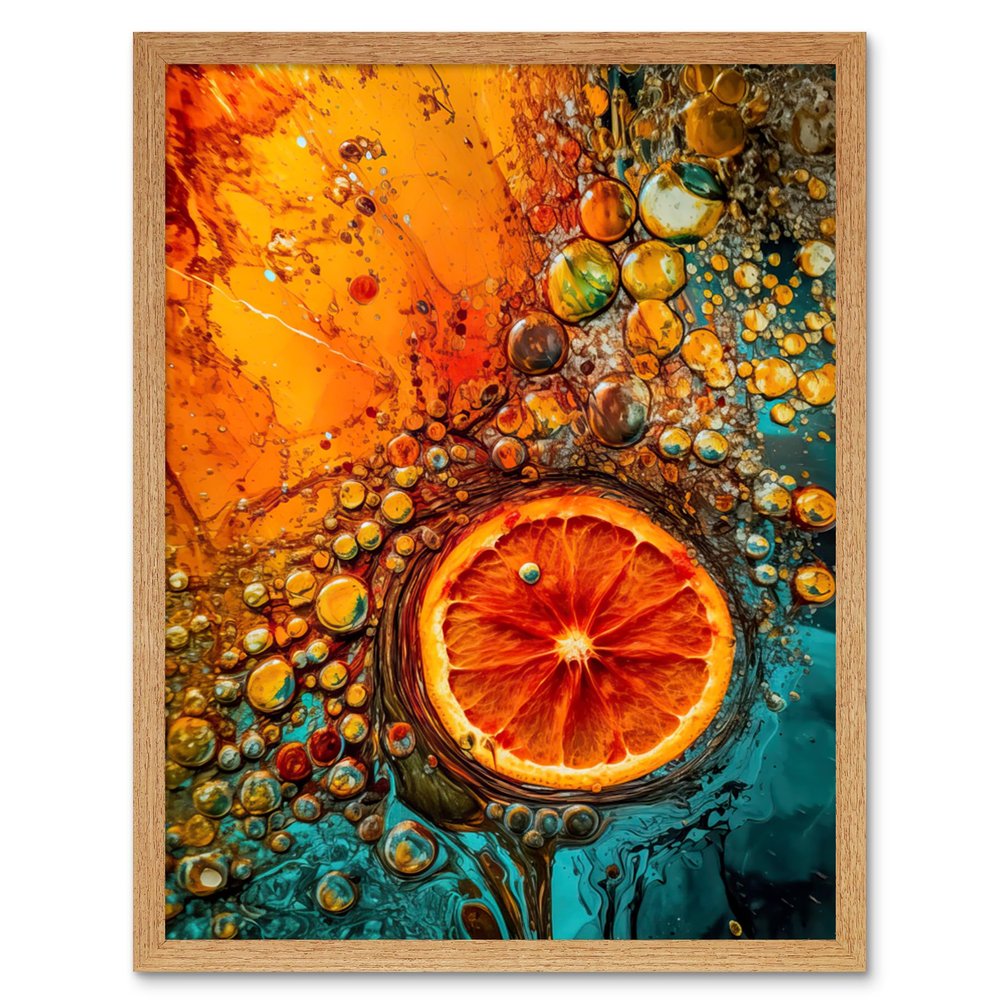 Artery8 Abstract Liquid Paint Dried Orange Fruit Slice Artwork Framed Wall Art Print 9X7 Inch