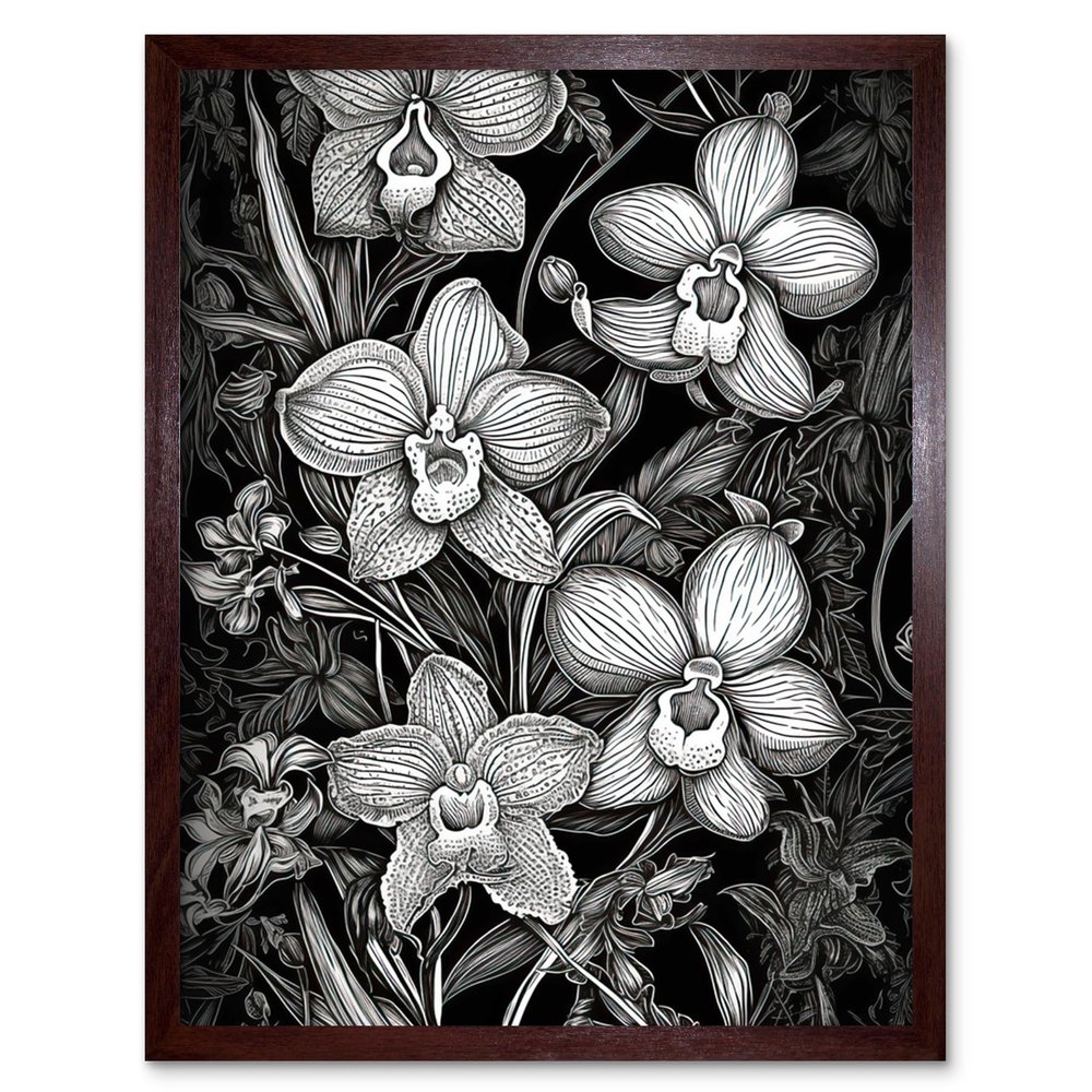 Artery8 White on Black Blooming Orchid Flower Plants Artwork Framed Wall Art Print 9X7 Inch