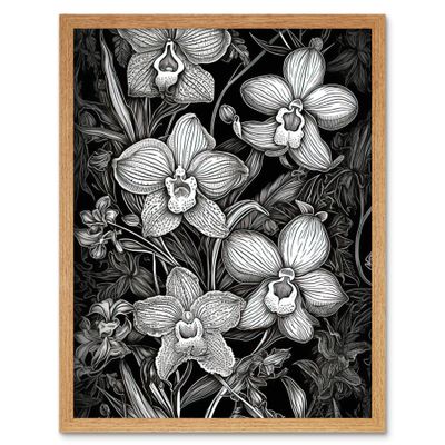 Artery8 White on Black Blooming Orchid Flower Plants Artwork Framed Wall Art Print 9X7 Inch