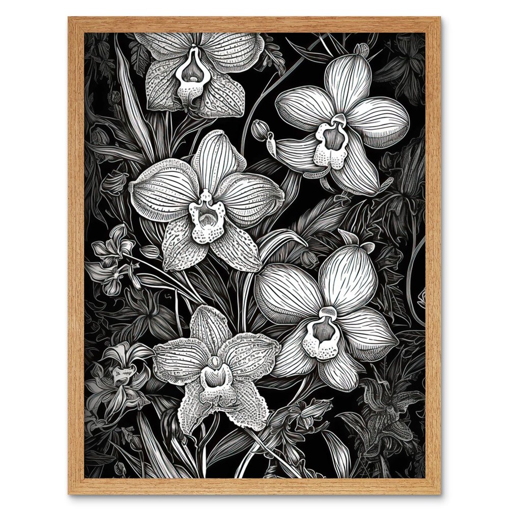 Artery8 White on Black Blooming Orchid Flower Plants Artwork Framed Wall Art Print 9X7 Inch