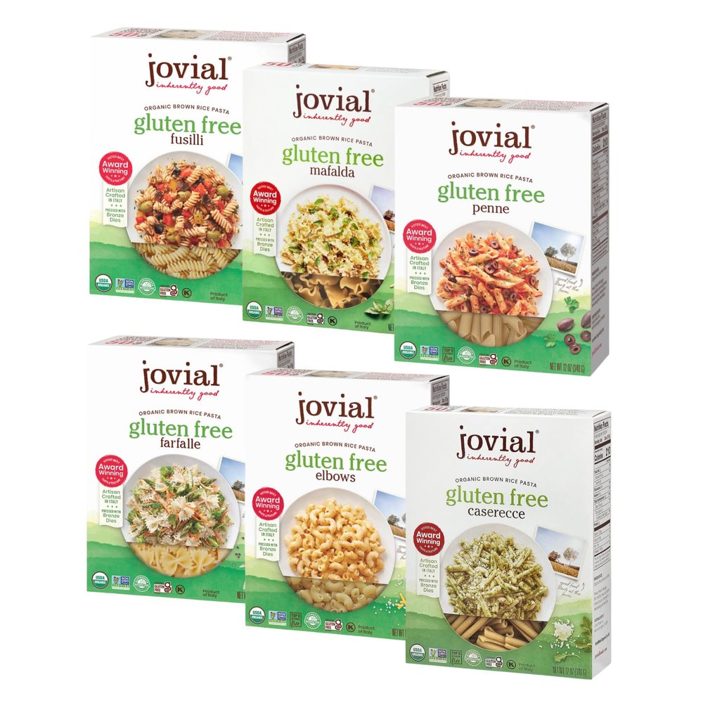 Jovial Whole Grain Brown Rice Pasta Variety Pack (Mafalda, Farfalle, Elbows, Fusilli, Casarecce, Penne) - Organic Whole Grain Brown Rice Pasta, Gluten Free, Dairy Free, Made in Italy - 12 Oz, 6 Pack