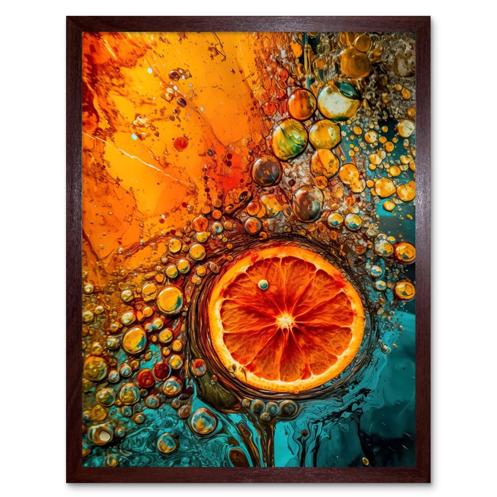 Artery8 Abstract Liquid Paint Dried Orange Fruit Slice Artwork Framed Wall Art Print 9X7 Inch
