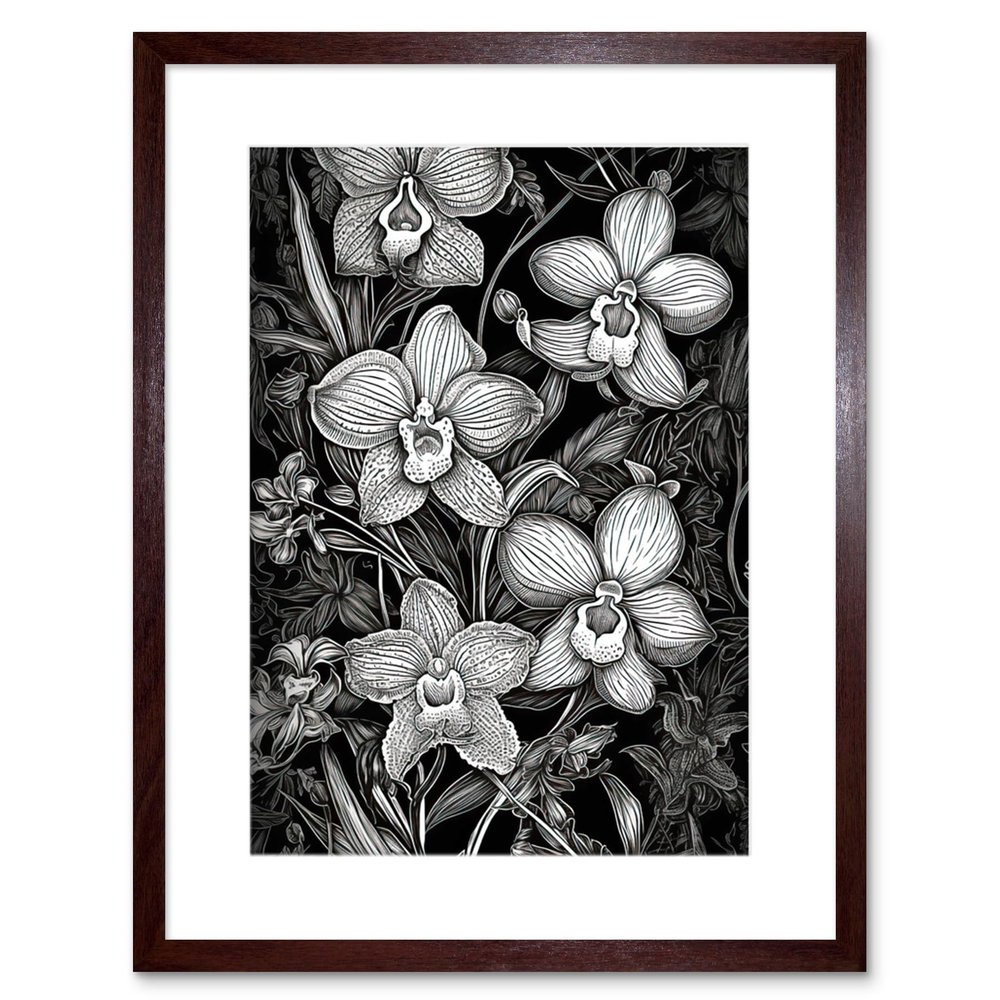 Artery8 White on Black Blooming Orchid Flower Plants Artwork Framed Wall Art Print 9X7 Inch