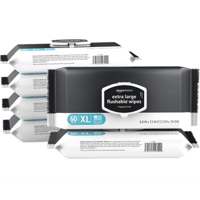 Amazon Basics Extra Large Flushable Wipes, 360 Wipes (6 Packs of 60), Adult Wet Wipes and Resealable Closure