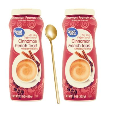 Cinnamon French Toast Coffee Creamer Bundle with One (1) Elegant Stainless Steel Long Handle Coffee Stirrer. 2 (15 oz) canisters of Cinnamon French Toast Non-Dairy Coffee Creamer