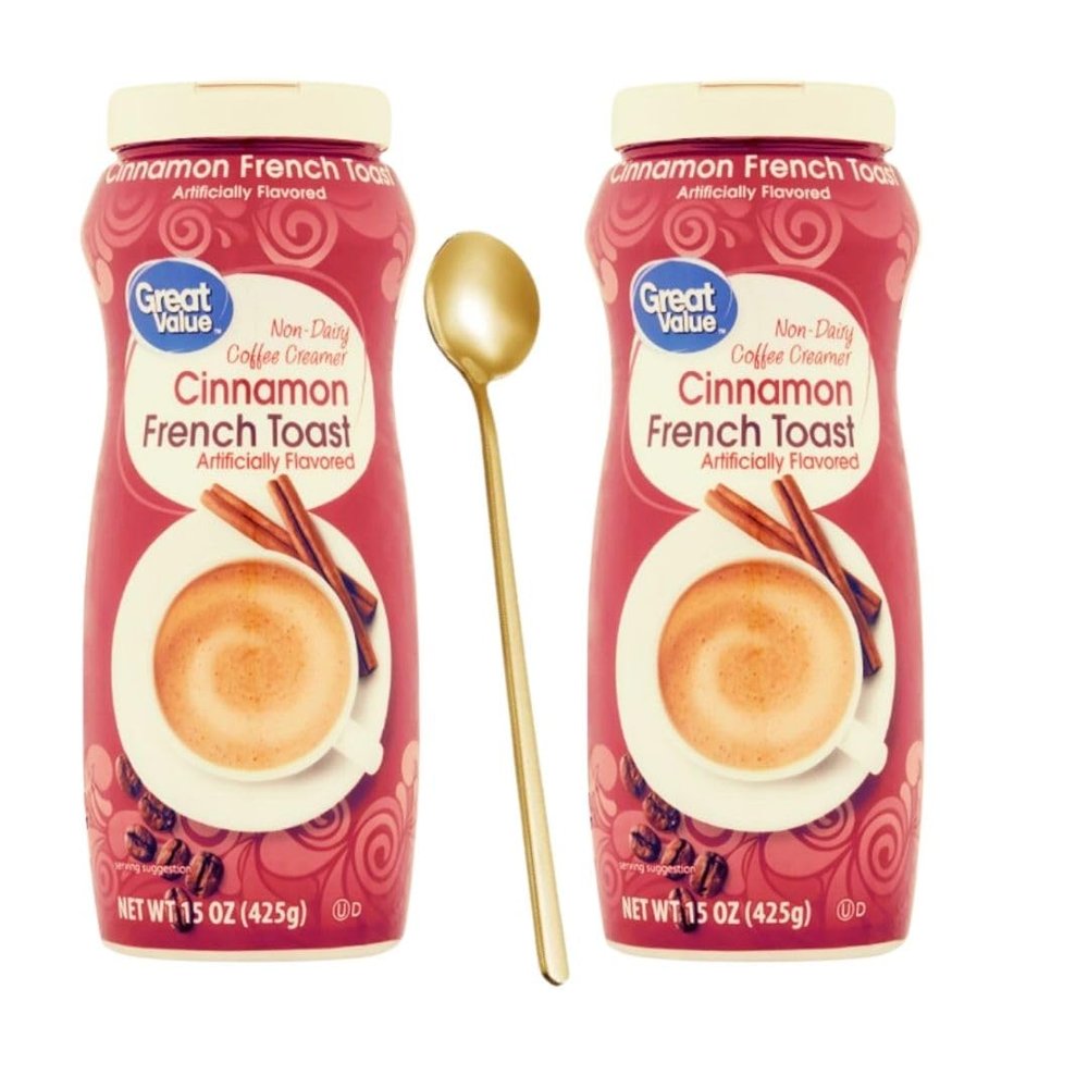 Cinnamon French Toast Coffee Creamer Bundle with One (1) Elegant Stainless Steel Long Handle Coffee Stirrer. 2 (15 oz) canisters of Cinnamon French Toast Non-Dairy Coffee Creamer