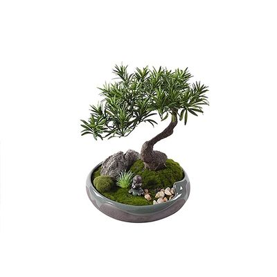 Fake Plants Realistic Podocarpus Bonsai Tree Simulated Lawn Natural Pebbles Ceramic Portraits Ceramic Ice-Cracked Flower Pots Chinese-Style Desktop Ornaments Bonsai Tree