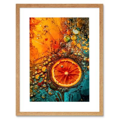 Artery8 Abstract Liquid Paint Dried Orange Fruit Slice Artwork Framed Wall Art Print 12X16 Inch