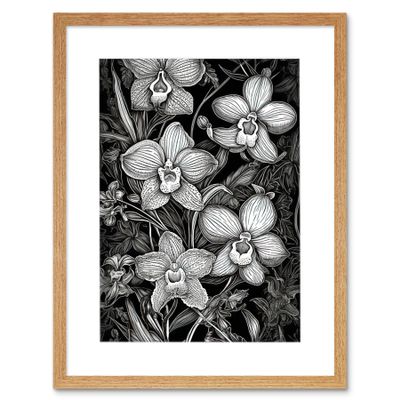 Artery8 White on Black Blooming Orchid Flower Plants Artwork Framed Wall Art Print 12X16 Inch