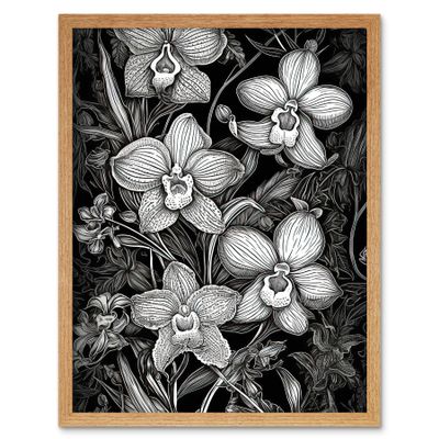 Artery8 White on Black Blooming Orchid Flower Plants Art Print Framed Poster Wall Decor 12x16 inch