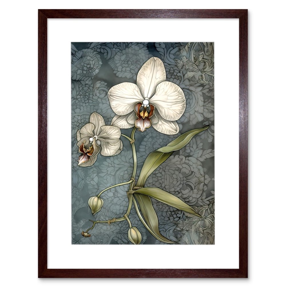 Artery8 Orchid Flower Blooms Pastel Colour Art Nouveau Artwork Framed Wall Art Print 12X16 Inch