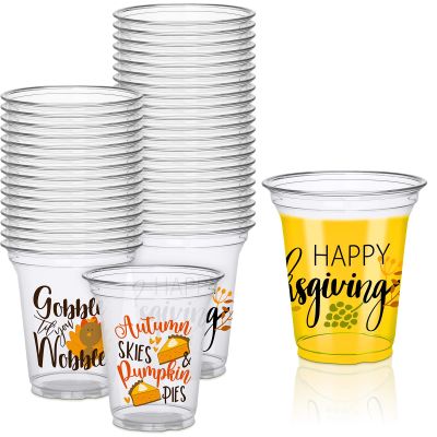 Tenceur 150 Pcs Thanksgiving Cups Disposable 14 oz Clear Thanksgiving Plastic Cups Turkey Glasses Drinkware for Happy Friendsgiving Decorations Autumn Fall Party Supplies