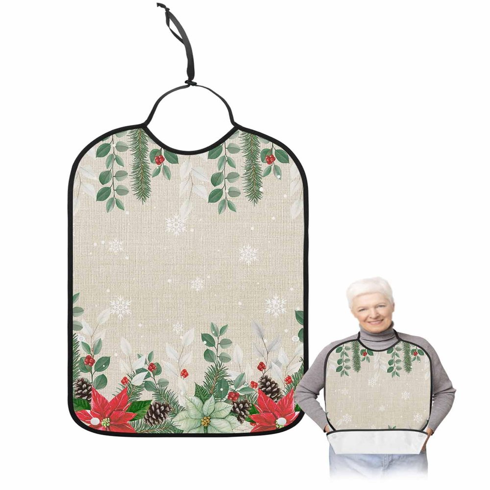 Christmas Eucalyptus Adult Bib for Eating with Crumb Catcher,Washable & Waterproof Terry Cloth Adjustable Elderly Women Men Adult Bibs Funny Clothing Protector Xmas Poinsettia Pine Grey Snowflake